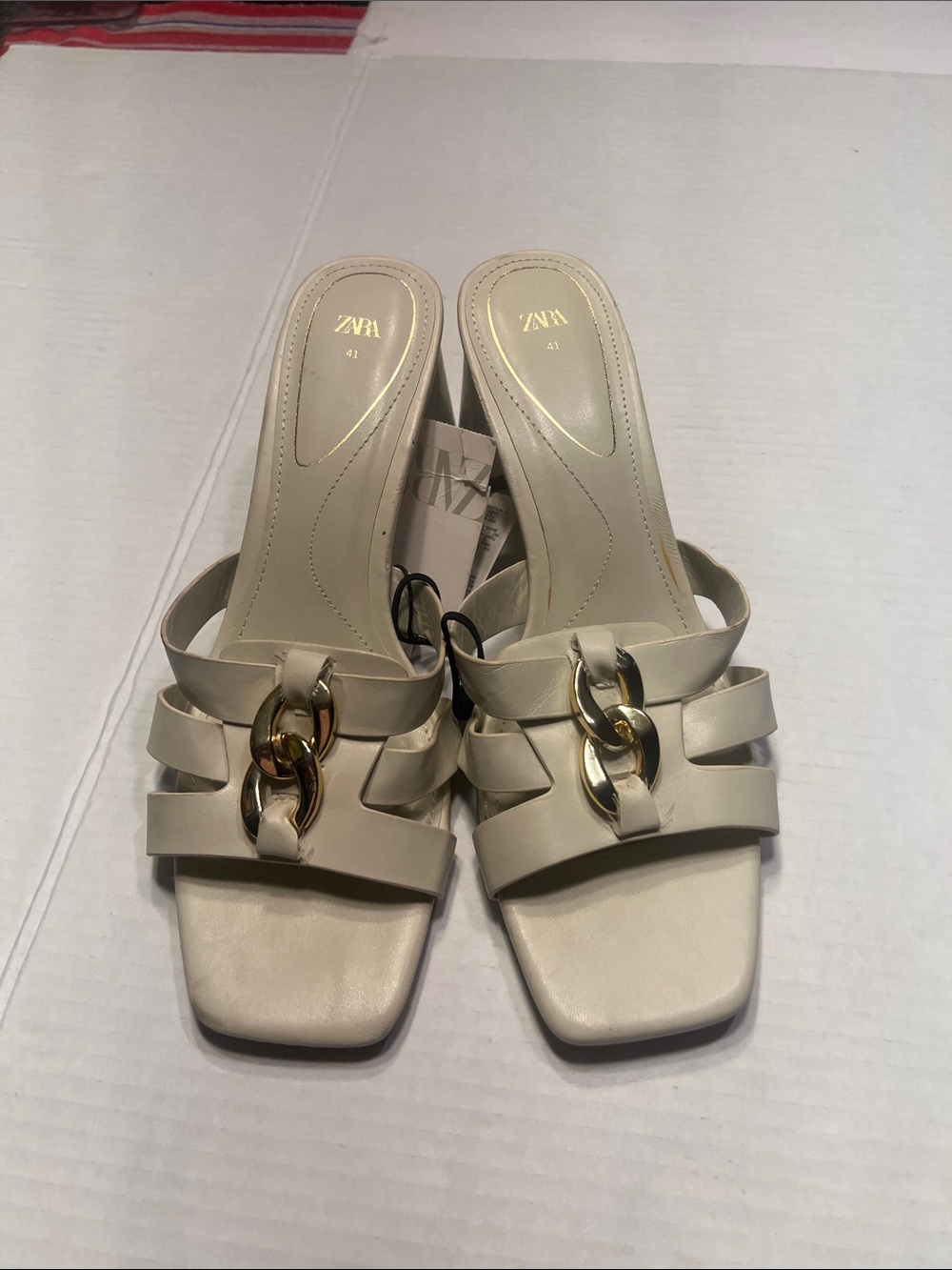 ZARA Cream Slide Sandals with Gold Chain Detail